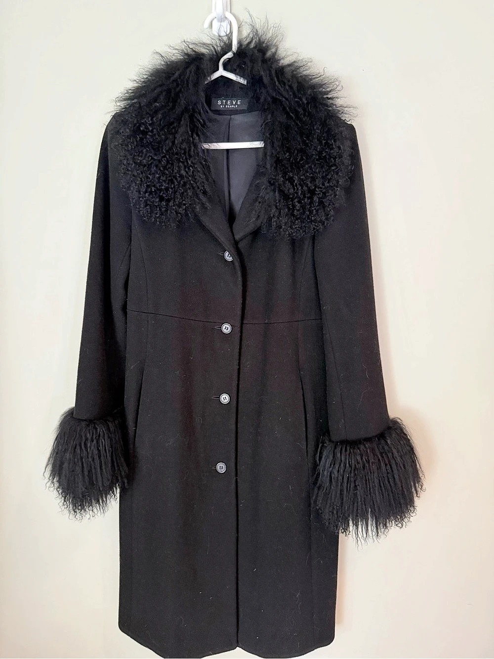Steve by Searle Black Wool Mongolian Fur Trim Coat Size 4